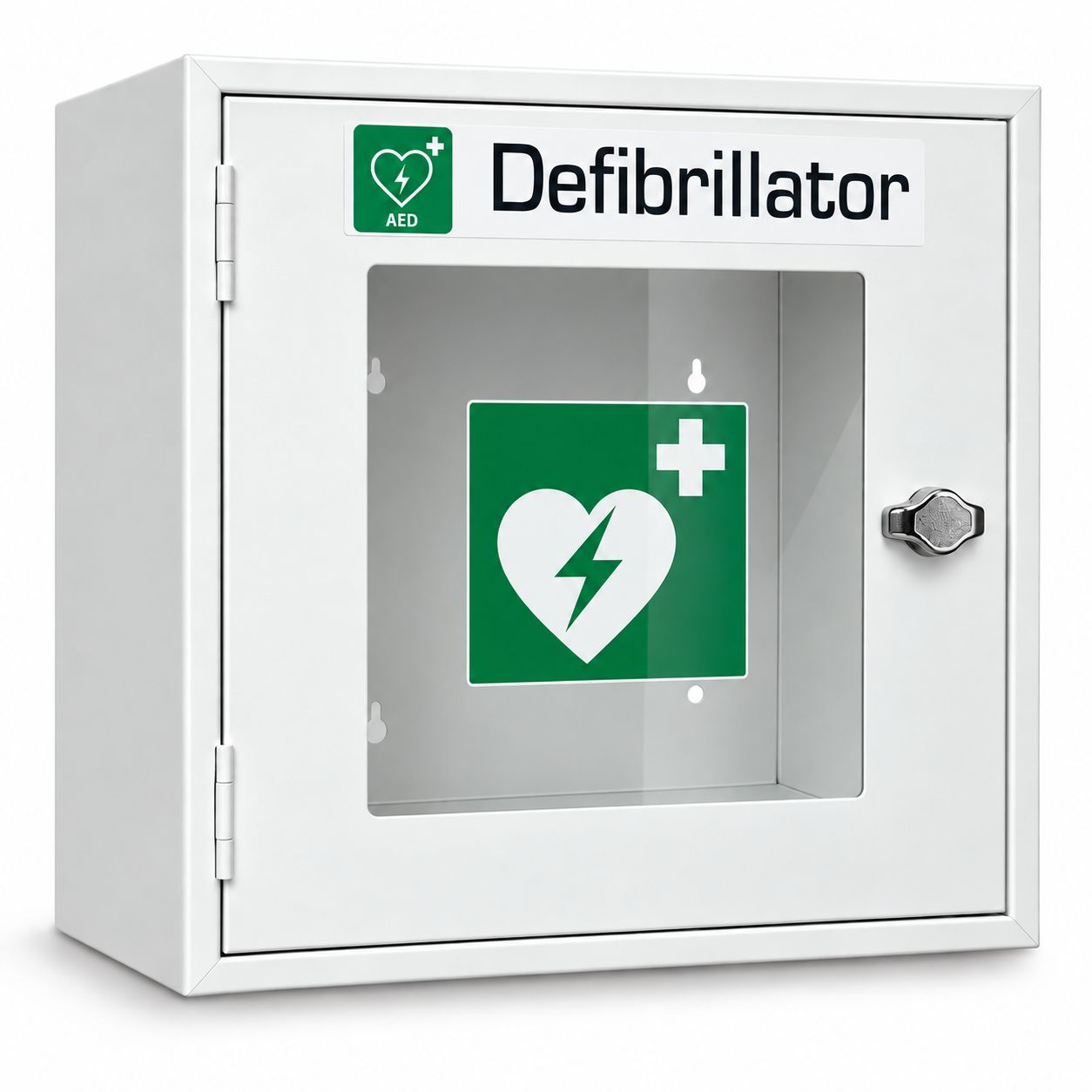 Infografik: Weißer AED-Metallschrank in verschiedenen Umgebungen wie Büro, Baustelle, Haus.