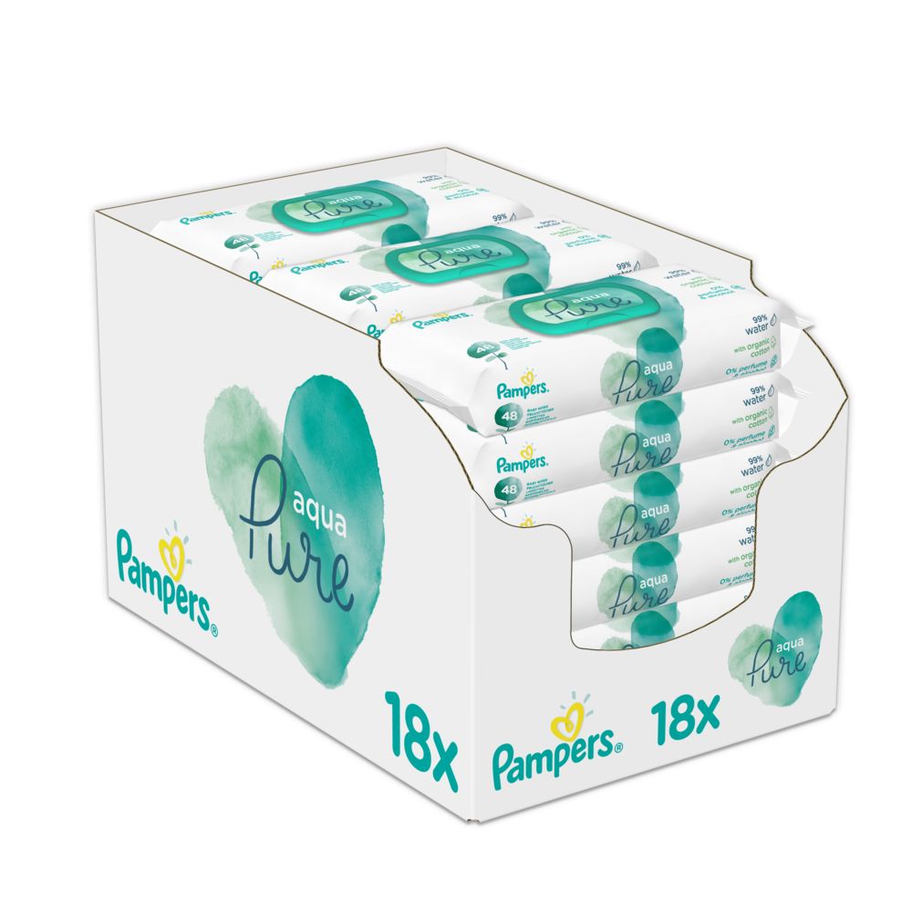 Verpackung mit Pampers Aqua Pure Feuchttüchern. Karton mit mehreren Packungen. Aufdruck: Aqua Pure, 18x.