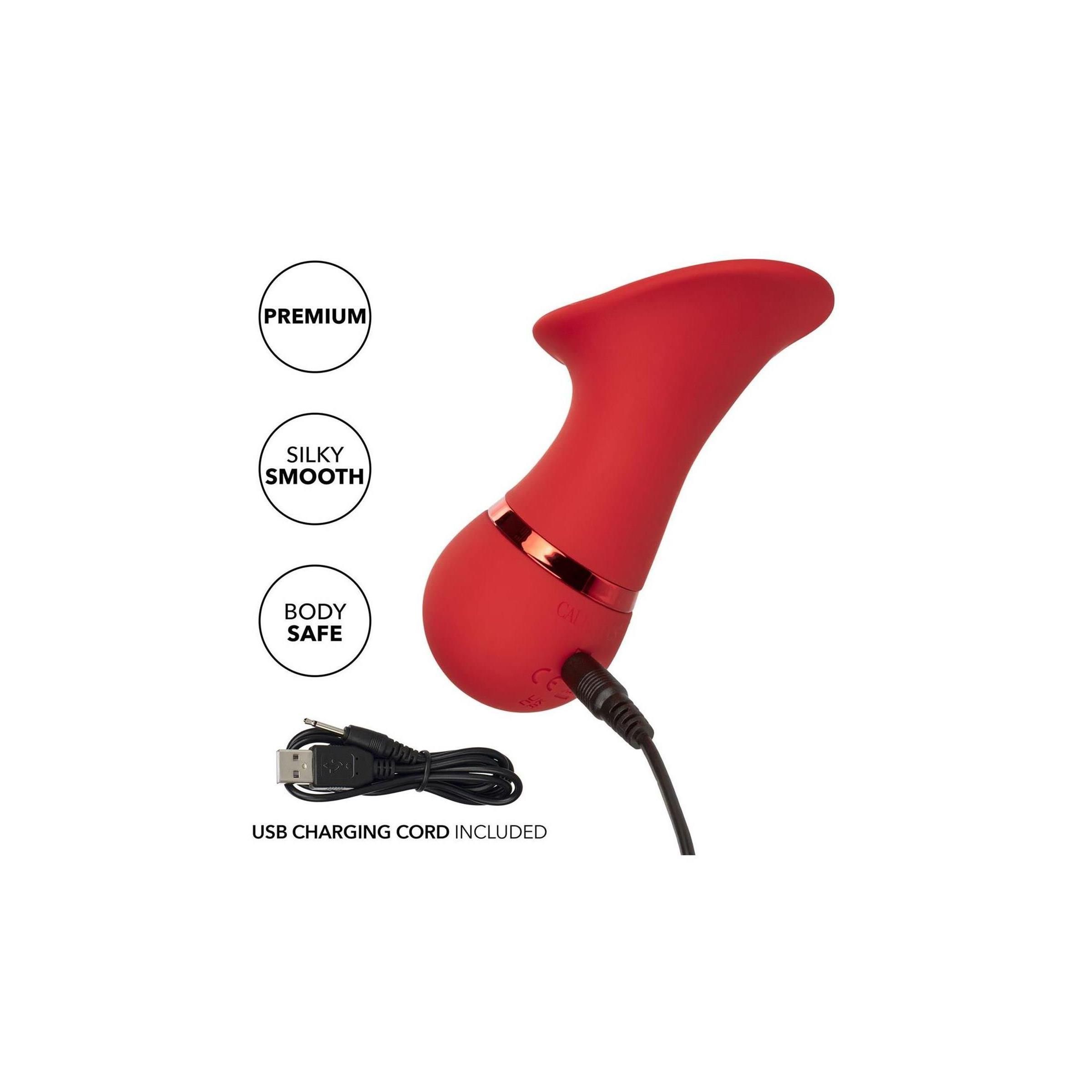 Roter Seducer mit USB-Ladekabel. Premium, seidig glatt, körperfreundlich. USB-Ladekabel enthalten.
