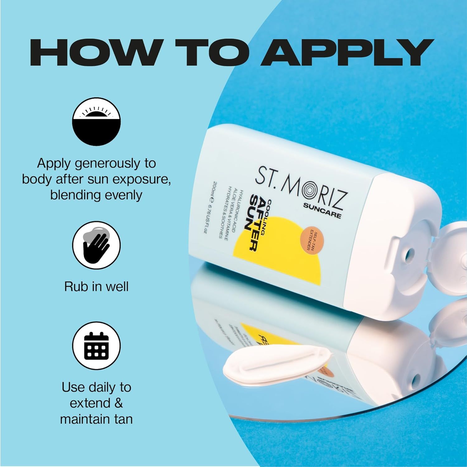 ST. MORIZ After Sun Gel auf Spiegel. Text: Cooling After Sun, Hyaluronsäure, Aloe Vera & Vitamine. 200ml. Mit Self Tan Extender. Anwendungshinweise.