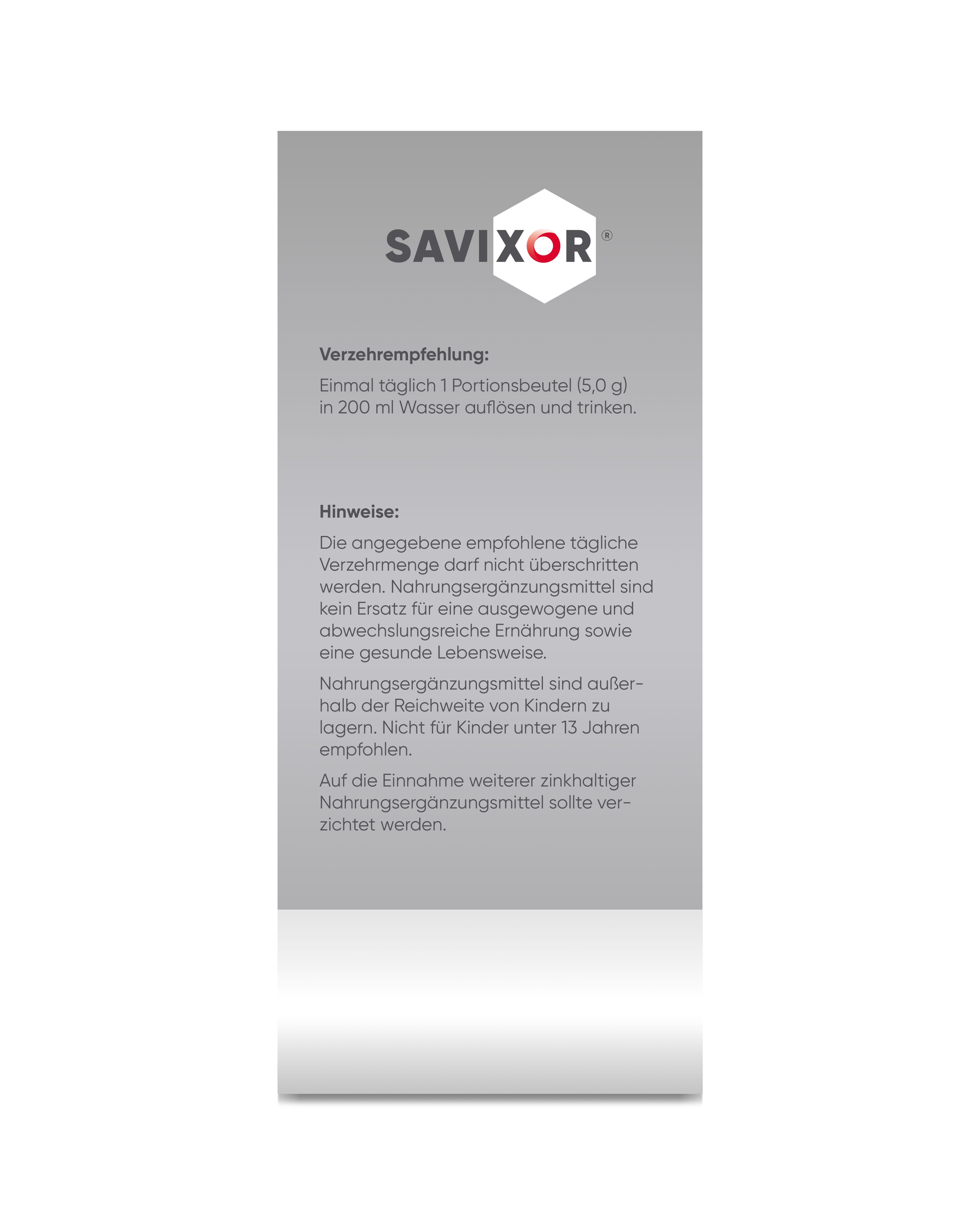 Savixor-Verpackung. Verzehrempfehlung: 1 Portion in 200 ml Wasser. Hinweise zu Nahrungsergänzungsmitteln.
