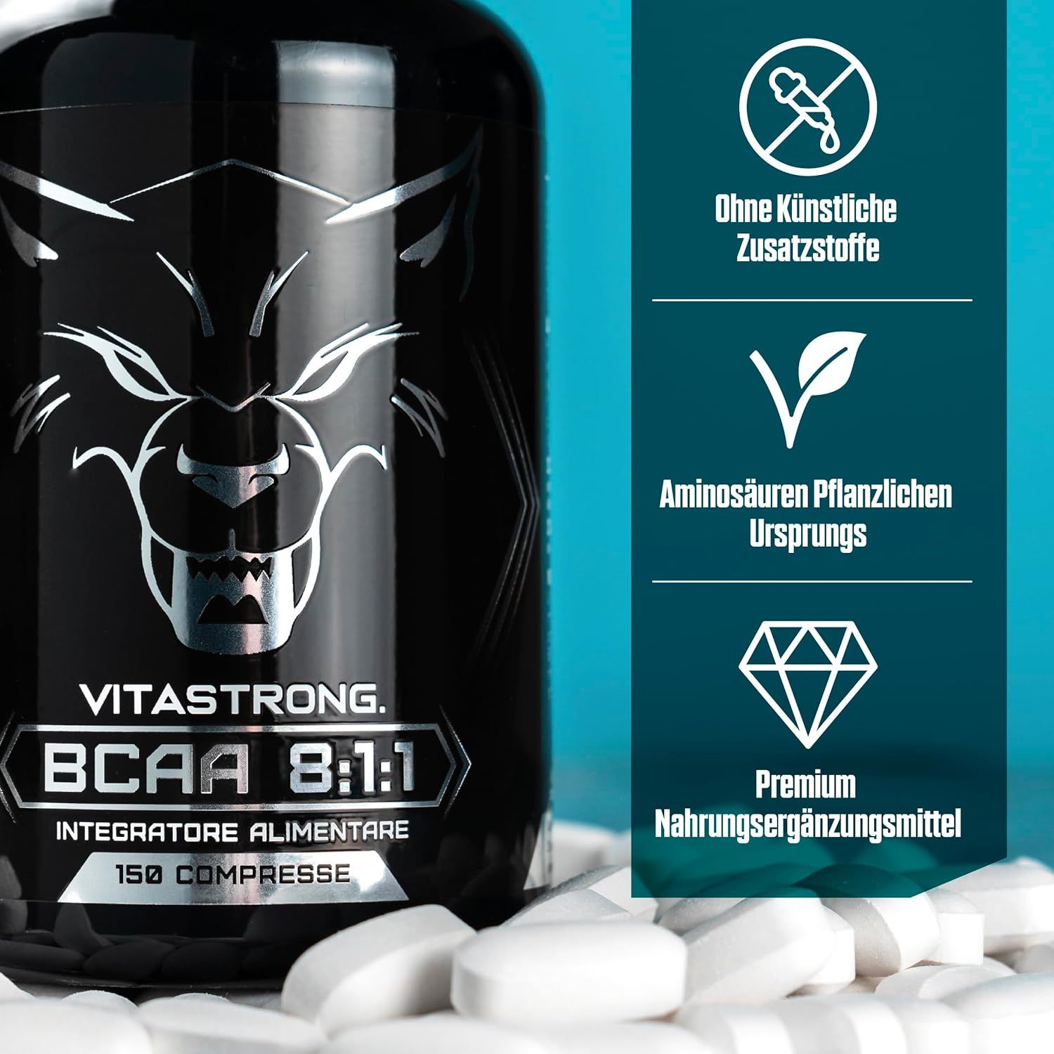Vitastrong BCAA 8:1:1 Flasche und Tabletten. Ohne Zusatzstoffe, Aminosäuren pflanzlichen Ursprungs. Premium-Ergänzungsmittel.