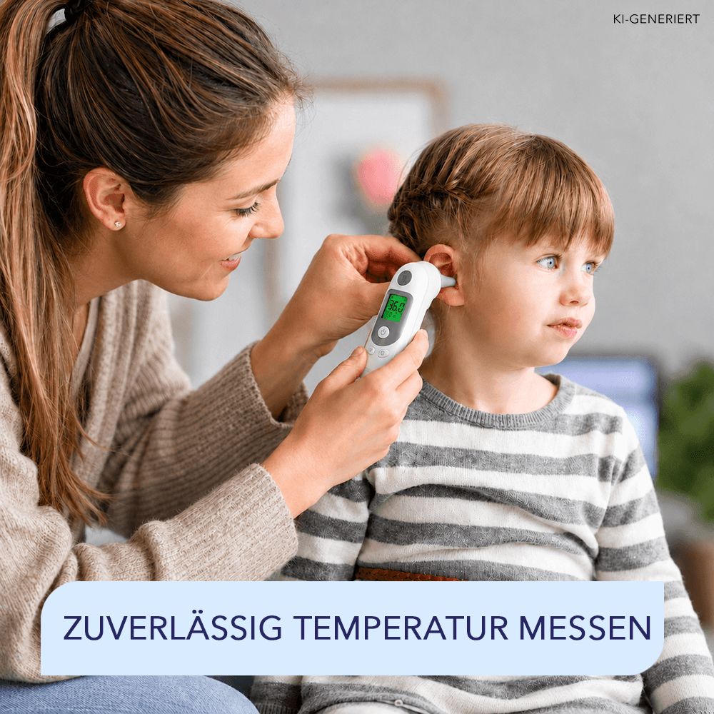 Frau misst Temperatur bei Kind mit Ohrthermometer. Text: Zuverlässig Temperatur messen.