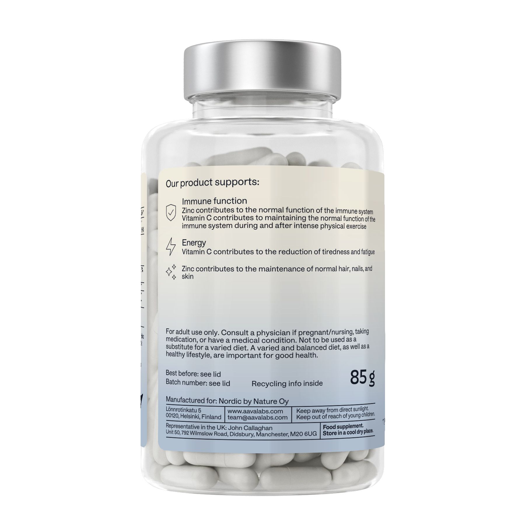 Rückseite der Flasche mit Informationen. 85g. Unterstützt die Immunfunktion, Energie, Haut, Haare und Nägel.