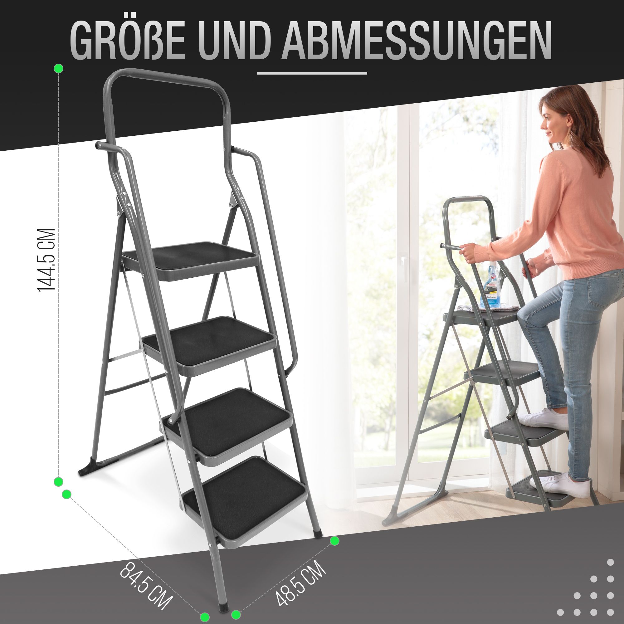 ELONEO Stehleiter 4 Stufen, extra dicke Handläufe, rutschsichere & große Trittflächen