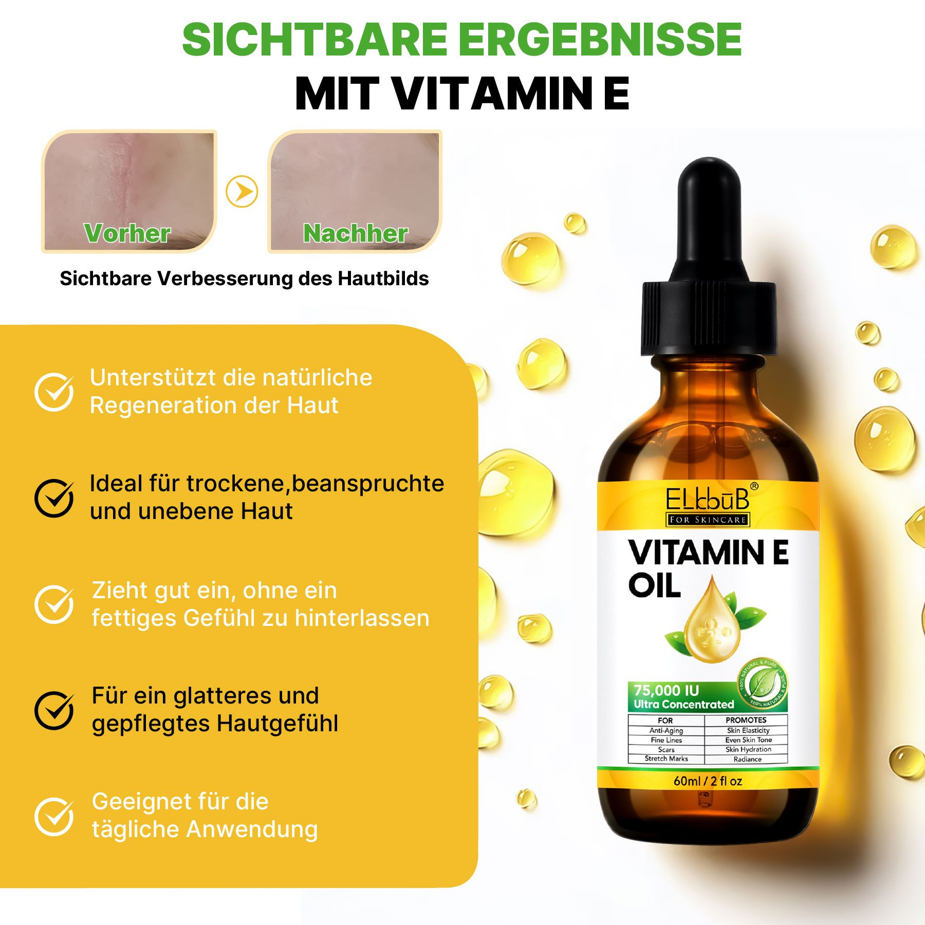 Flasche Vitamin E Öl mit Pipette, 75.000 IU.