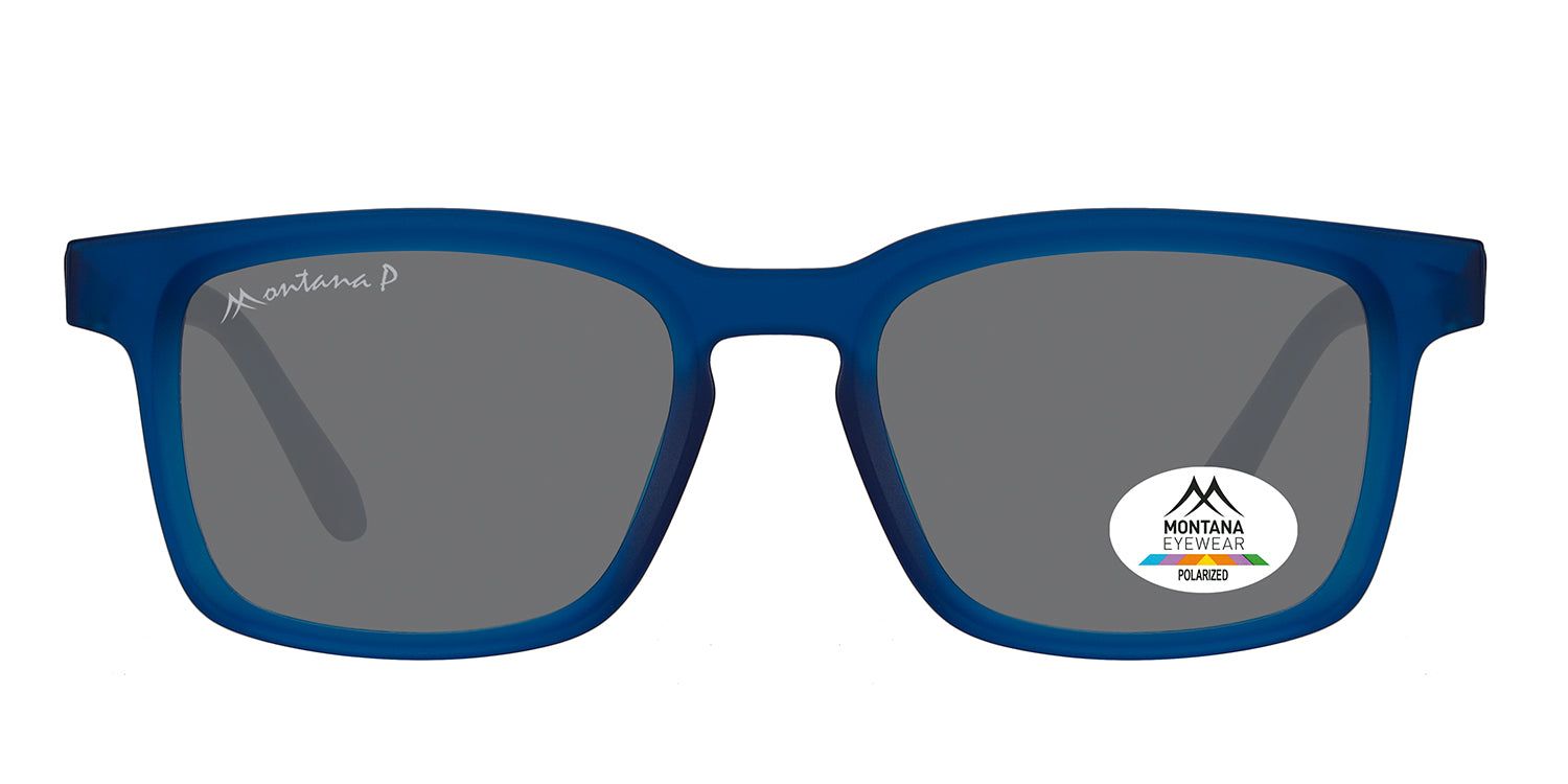 Blaue Montana Eyewear Sonnenbrille. Rechteckige Form, graue Gläser. Logo und Polarized-Aufkleber. Mattes Finish.