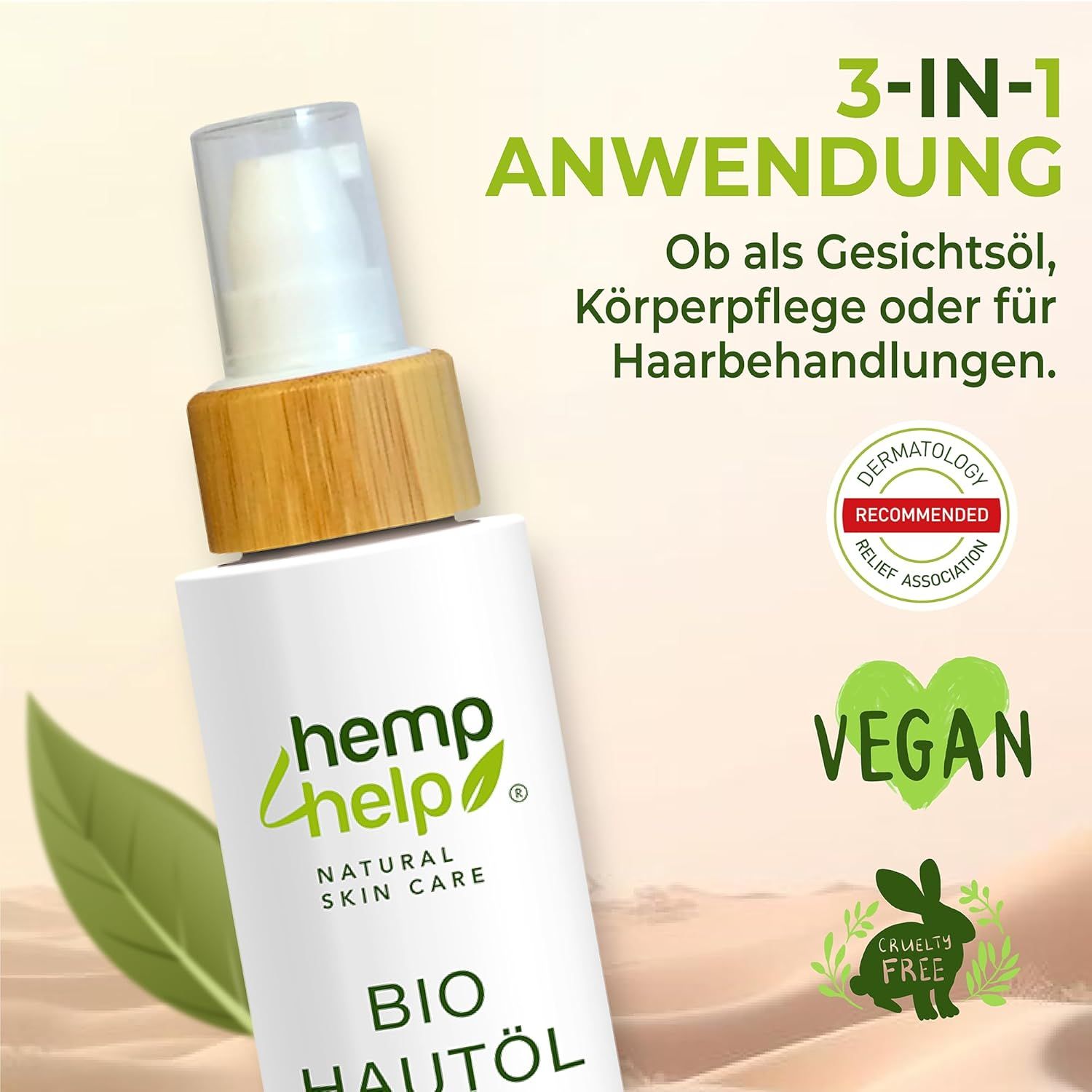 Produktflasche. Aufschrift: Bio Hautöl. Text: 3-in-1 Anwendung. Ob als Gesichtsöl, Körperpflege oder für Haar. Vegan, Cruelty Free.