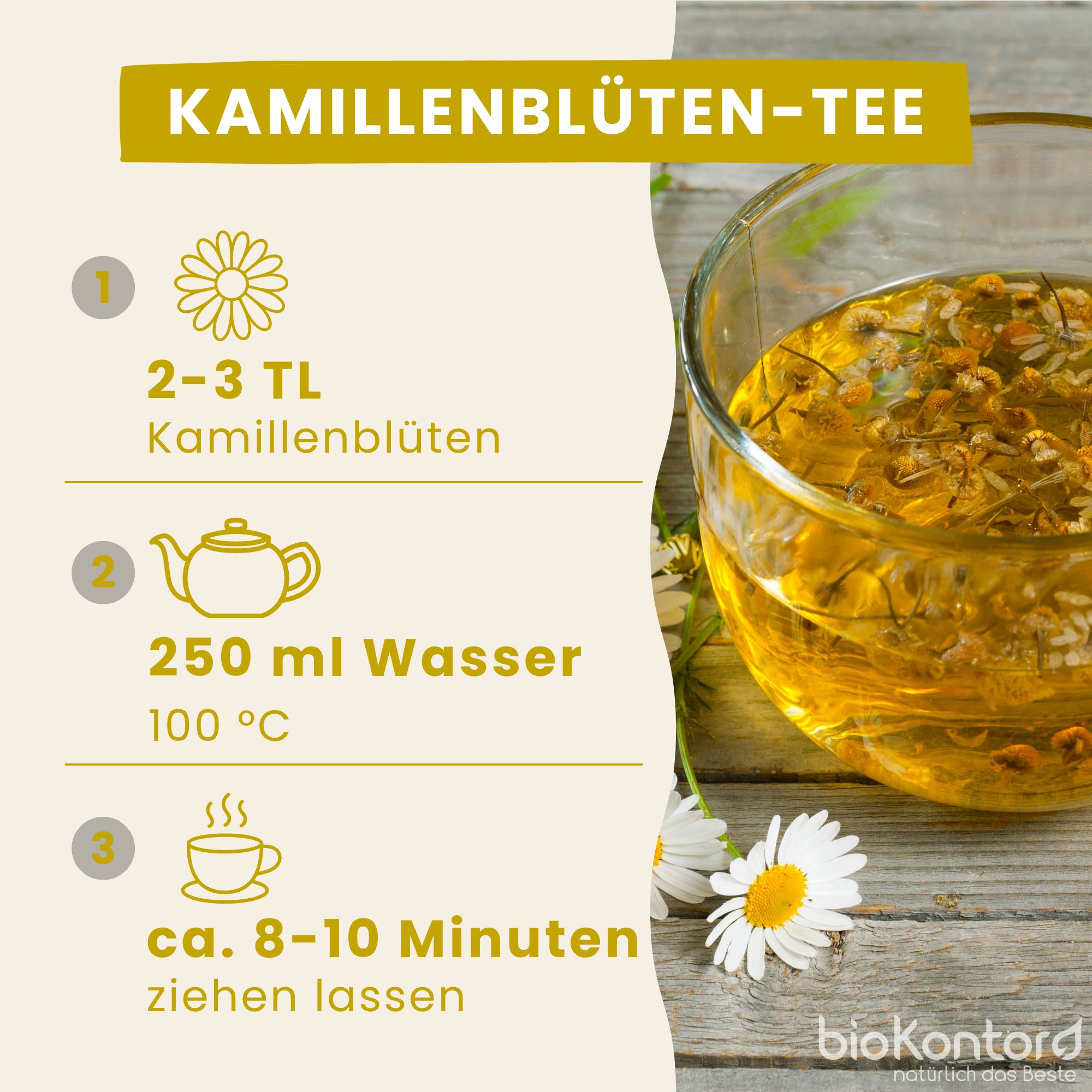 Schale mit getrockneten Kamillenblüten, daneben eine Packung Bio-Kamillenblüten.