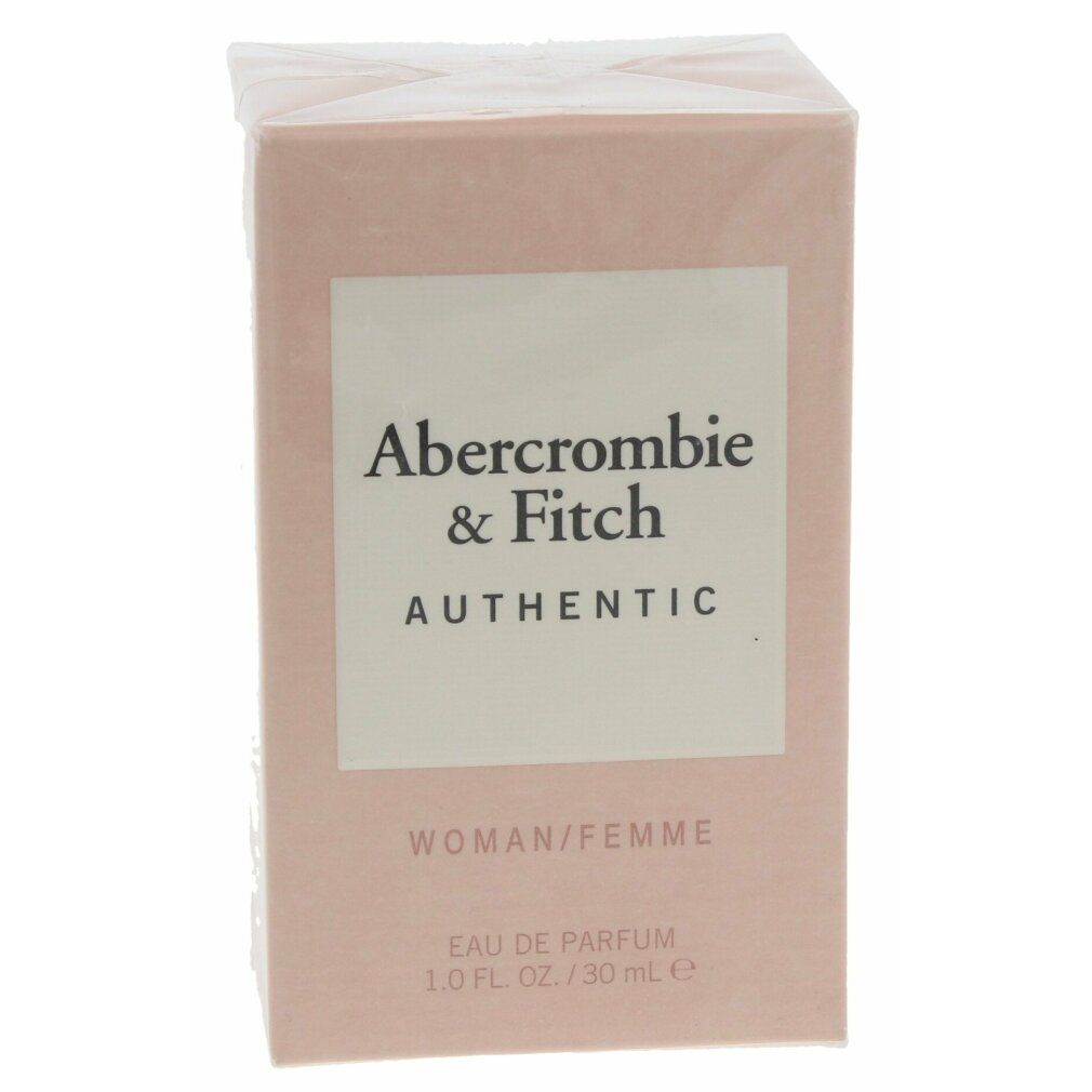 Rosa Verpackung mit weißem Etikett. Text: Abercrombie & Fitch Authentic, Woman/Femme, Eau de Parfum.
