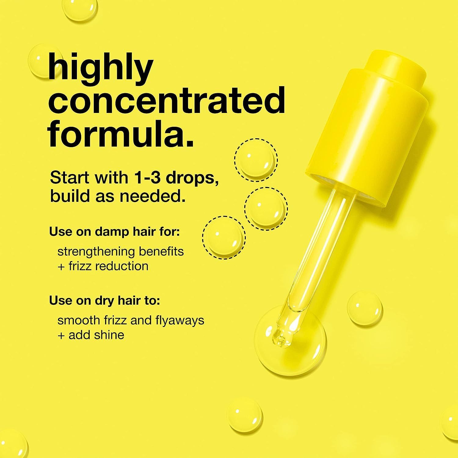 Gelber Hintergrund mit Tropfen. Pipette mit Öl. Text: Hochkonzentrierte Formel. Für feuchtes und trockenes Haar.