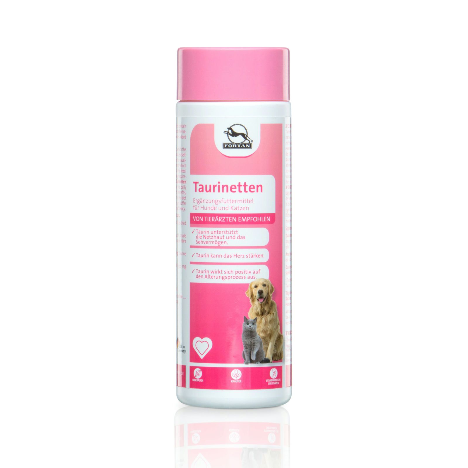 Flasche mit rosa Deckel. Aufschrift: Taurinetten. Abbildung von Hund und Katze. Empfohlen von Tierärzten.