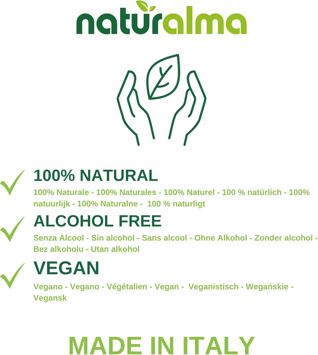 Logo von Naturalma. Text: 100% natürlich, alkoholfrei, vegan. Hergestellt in Italien. Symbole: Blatt in Händen, Häkchen.