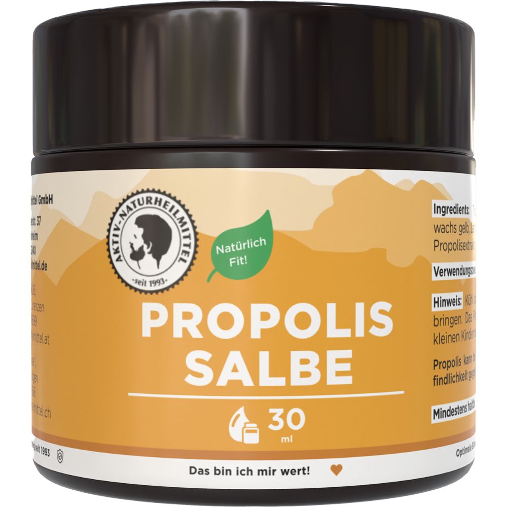 Braune Dose mit Aufschrift Propolis Salbe. Etikett mit Logo und Text. 30 ml.