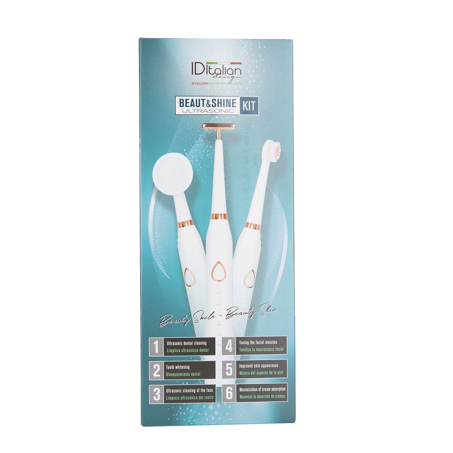Kit-Verpackung mit Abbildung eines weißen, roségoldfarbenen 3-in-1-Ultraschall-Gesichts- und Zahnpflegesets. Enthält Basis, Bürstenköpfe, Rasierer und Gesichtsreinigungsbürste.