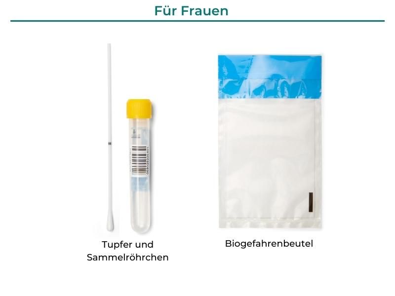 Test-Komponenten: Tupfer, Sammelröhrchen mit gelbem Deckel, und Biogefahrenbeutel. Beschriftung "Für Frauen".