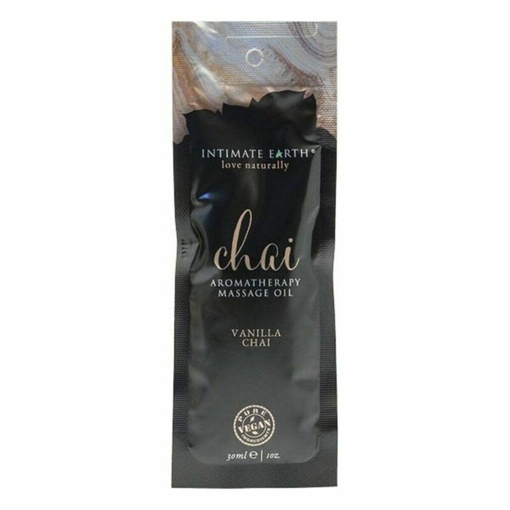 Schwarzer Beutel mit 'Chai' und 'Intimate Earth'. Aromatherapie Massageöl. 'Vanilla Chai'. Vegan-Siegel. 30ml/1oz.