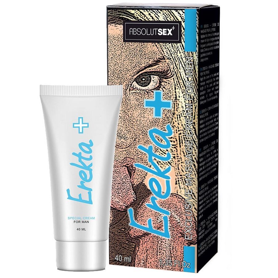 Creme-Tube und Verpackung. Tube mit Aufschrift Erekta+. Verpackung mit Aufschrift Erekta+ und Logo AbsolutSex.