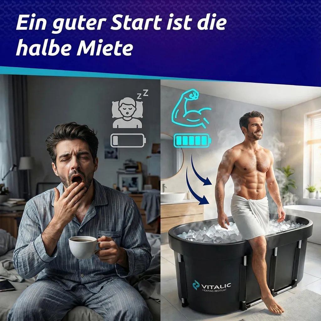 Zwei Bilder: Müder Mann und Mann im Eisbad. VITALIC-Logo. Symbole für Schlaf und Energie.
