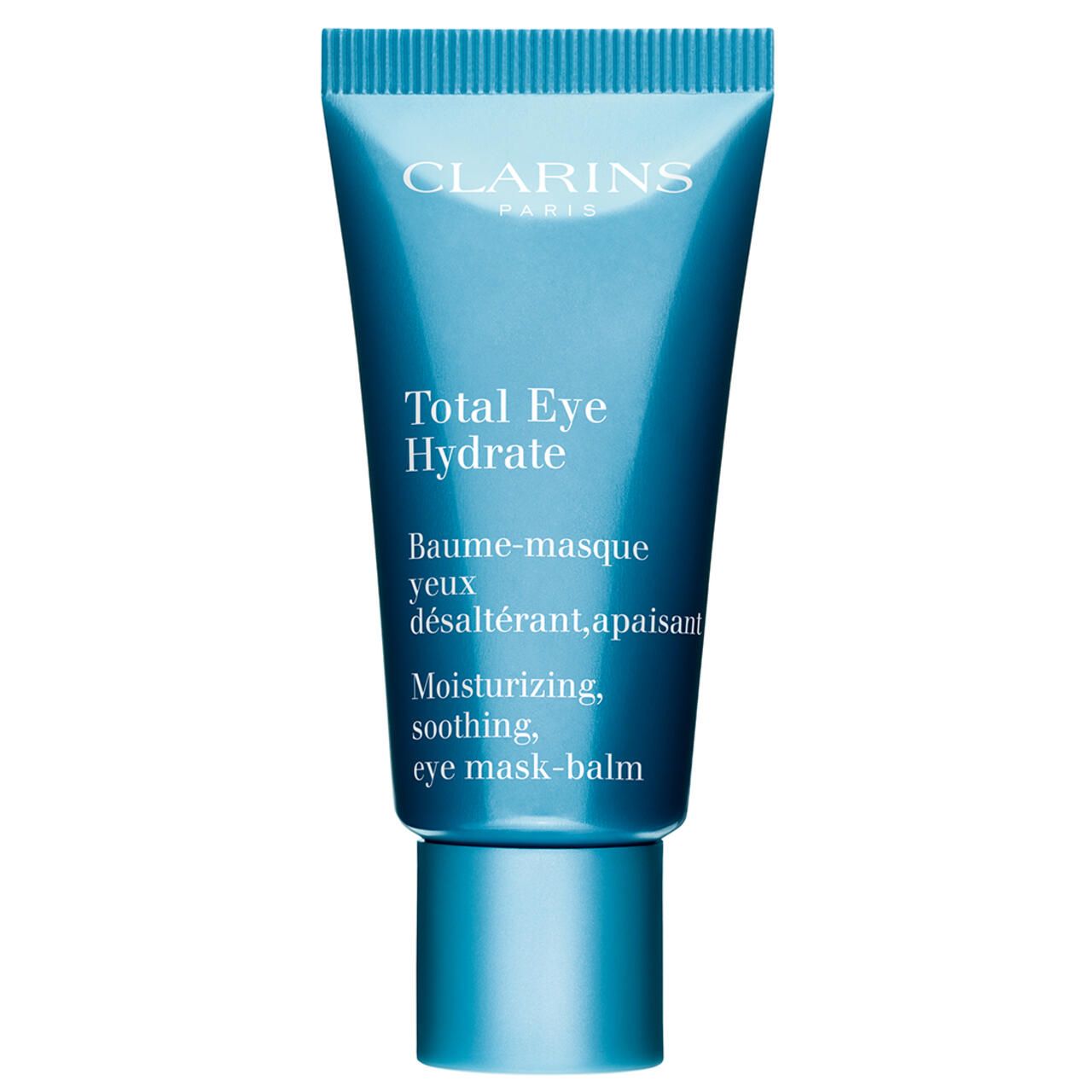 Blaue Tube mit Clarins-Logo und Text: Total Eye Hydrate. Produktname und weitere Informationen auf der Tube.