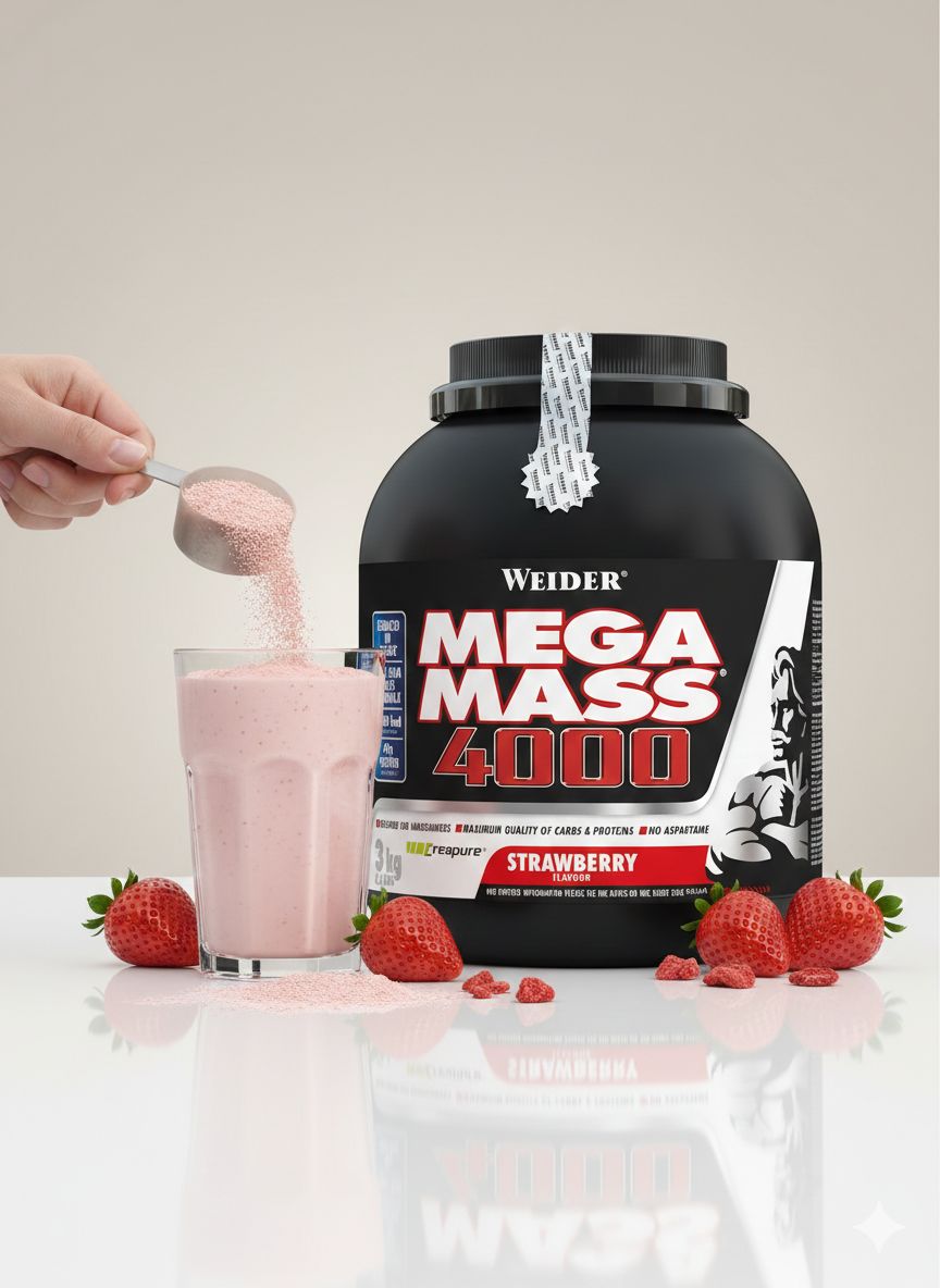 Weider Mega Mass 4000 Erdbeergeschmack. Pulver wird in ein Glas mit Erdbeeren geschüttet.