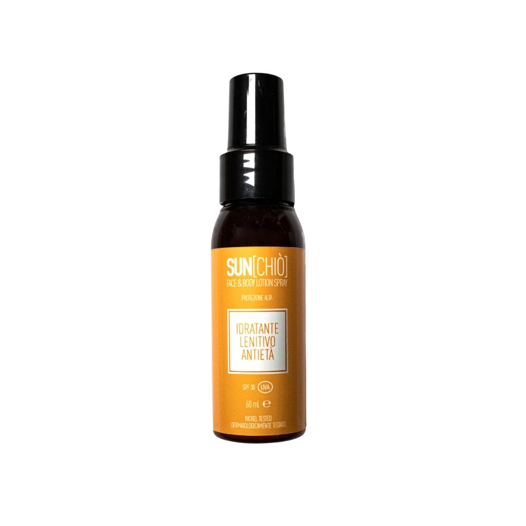 Chiò Skincare, Lozione Solare Spray Viso e Corpo SPF 30, Protezione Alta, Travel Size