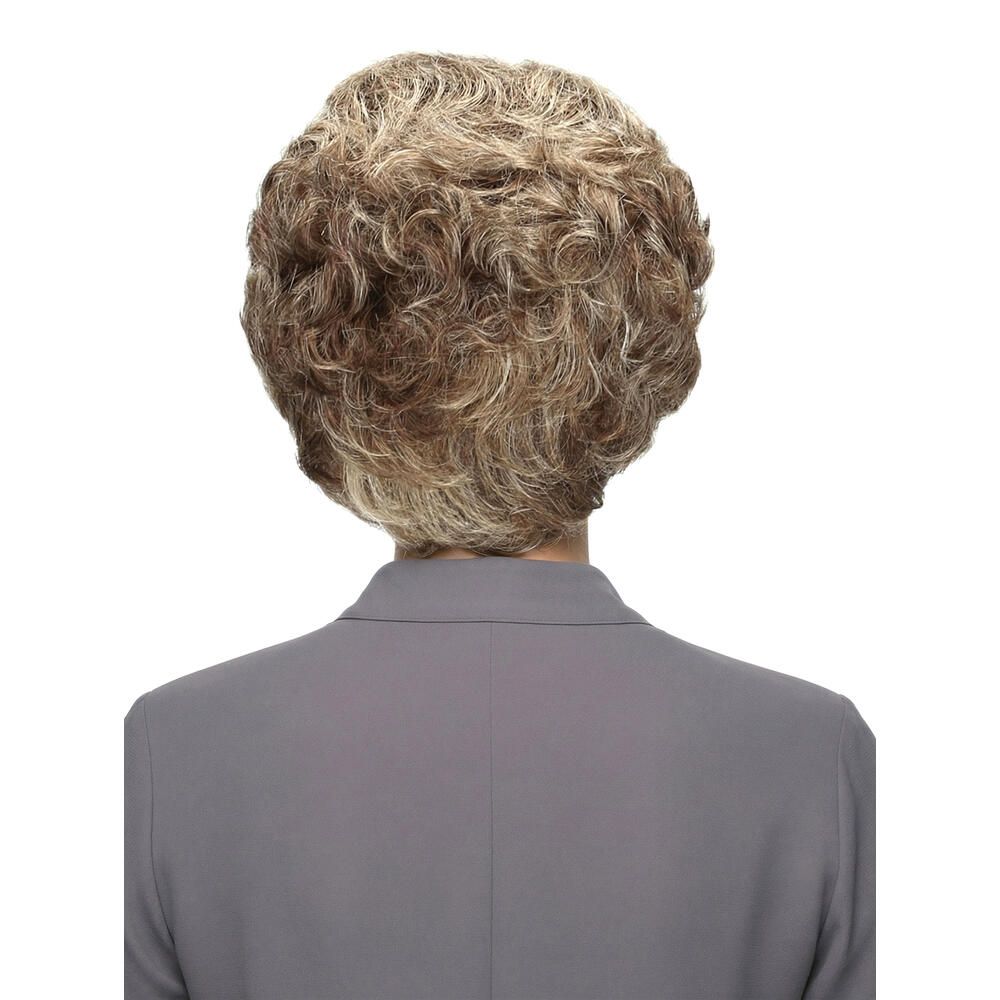 Perücke mit kurzem, gewelltem Haar in Blond- und Brauntönen. Rückansicht einer Person in grauem Blazer.
