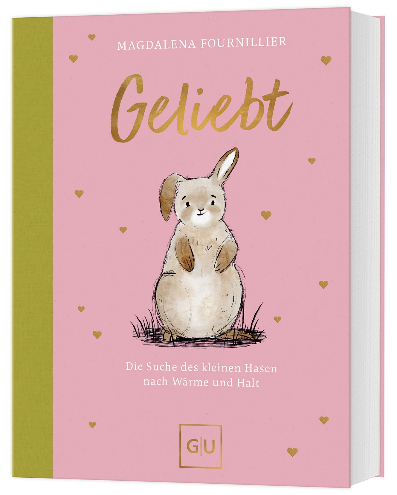 Buchcover mit rosa Hintergrund, goldenem Titel „Geliebt“ und Illustration eines Hasen. Autor: Magdalena Fournillier. Verlag: GU.