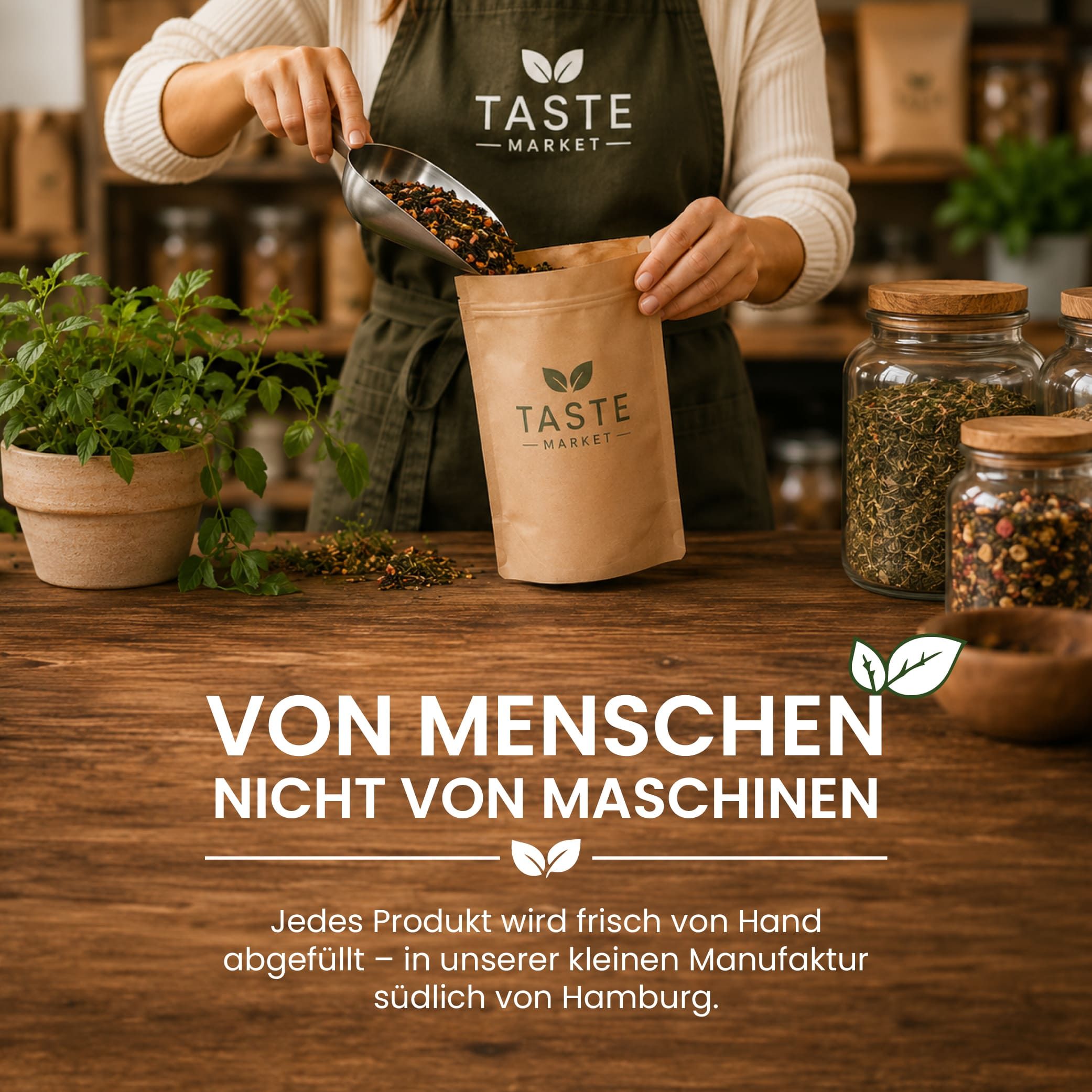 Person befüllt eine Taste Market Tüte mit Konjak Pulver aus einem Spender.
