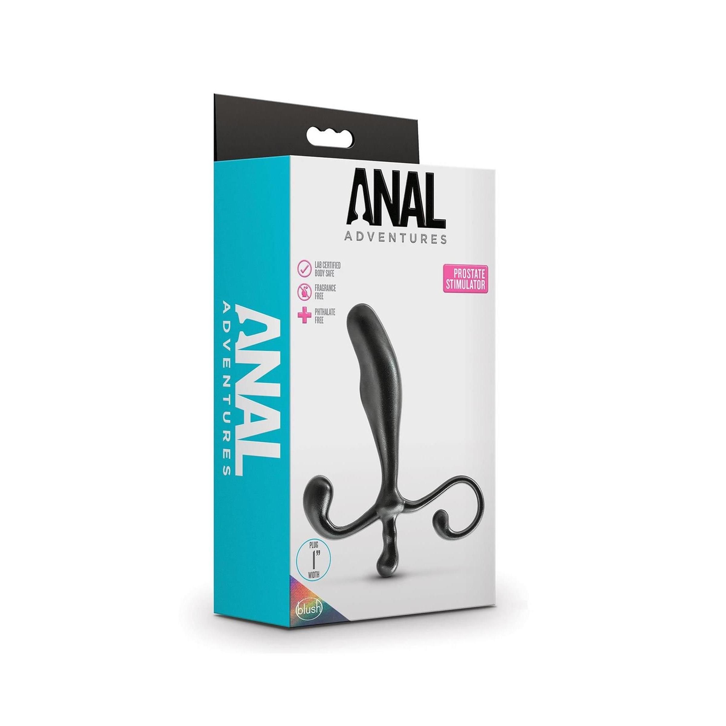 Verpackung mit Produkt. Aufschrift ANAL ADVENTURES. Prostata Stimulator abgebildet. Schwarzes Produkt mit drei Ausläufern.