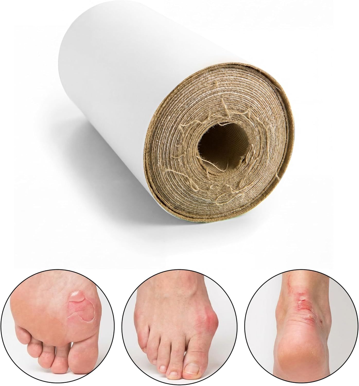 Rolle aus beigefarbenem, texturiertem Klebeband mit weißer Umverpackung, Nahaufnahme.