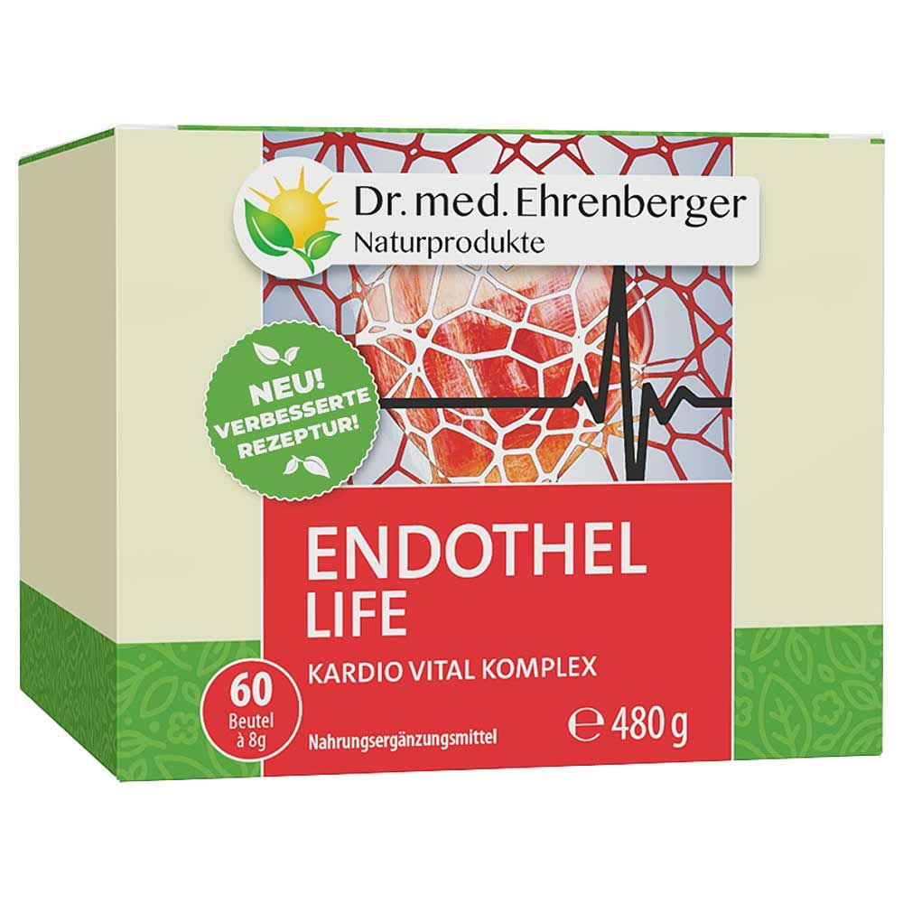 Karton mit Aufschrift 'ENDOTHEL LIFE Kardio Vital Komplex'. Enthält 60 Beutel. Marke: Dr. med. Ehrenberger Naturprodukte.