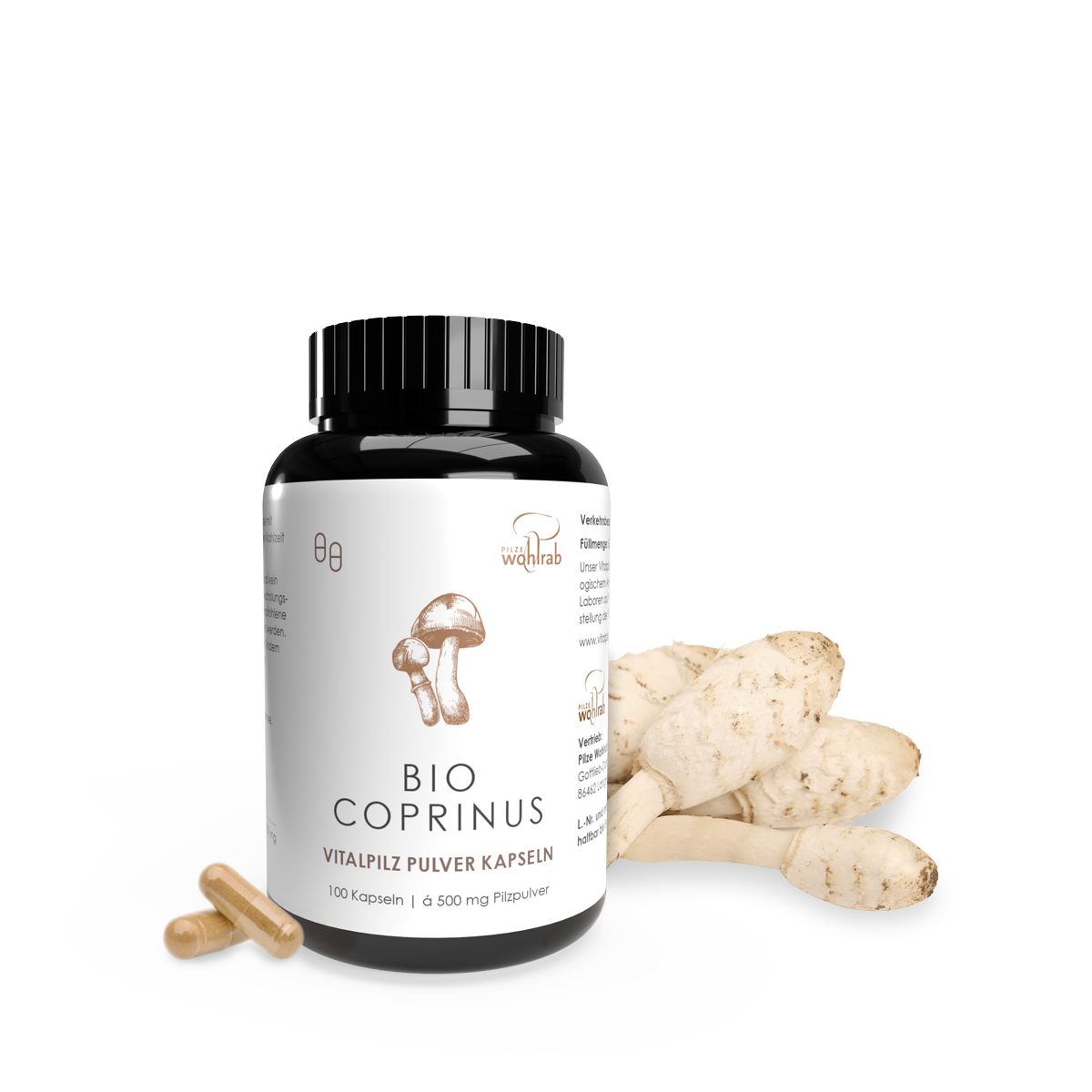 Schwarze Flasche mit Kapseln und Pilzen. Aufschrift: BIO Coprinus Vitalpilz Pulverkapseln. Pilze liegen daneben.
