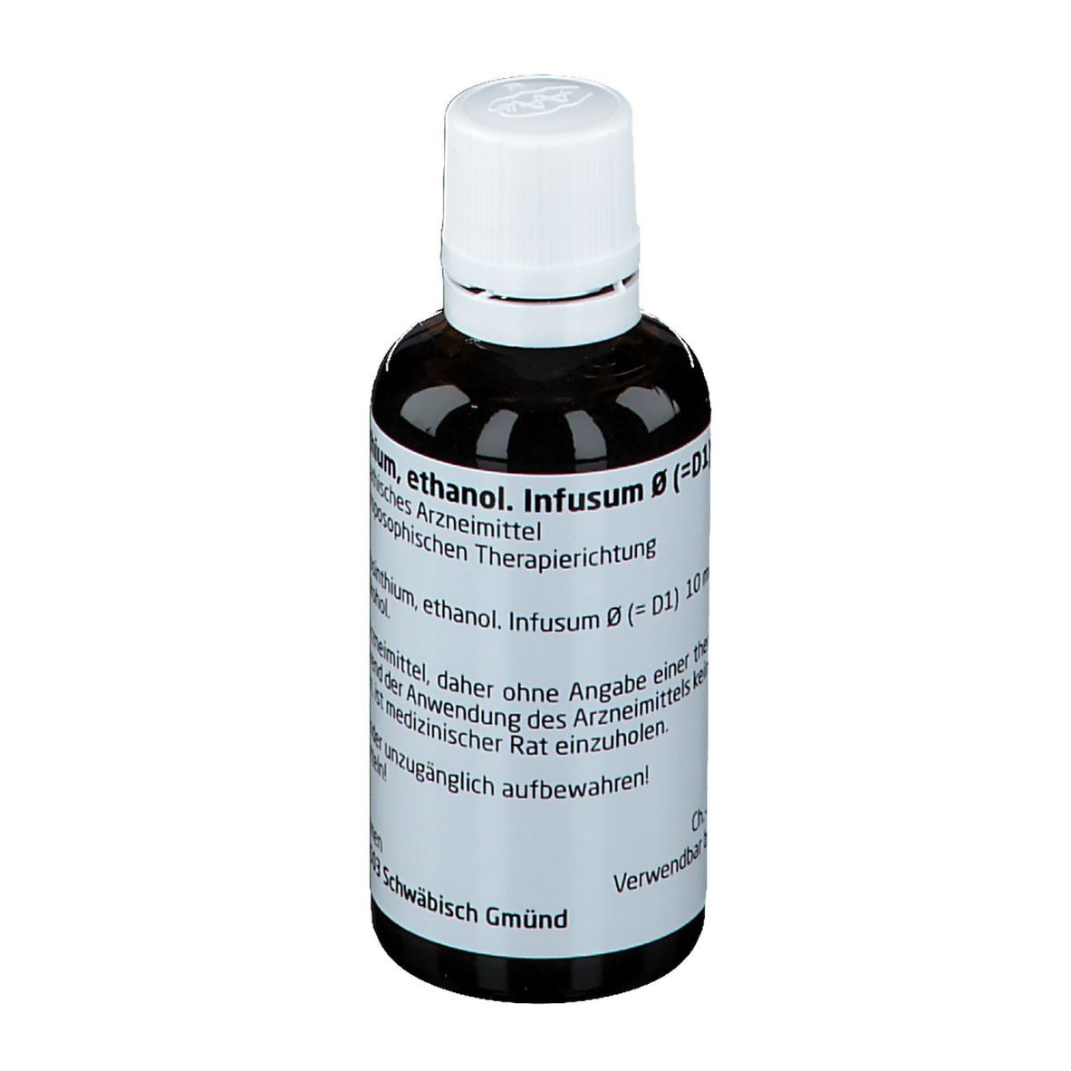 Braune Glasflasche mit weißem Deckel. Beschriftung: Absinthium, ethanol. Infusum Ø (=D1). Homöopathisches Arzneimittel.