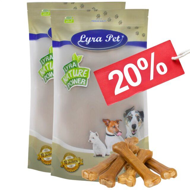 Zwei Beutel Lyra Pet Kauknochen, daneben Kauknochen. Aufdruck: Lyra Nature Power, 20% Rabatt.