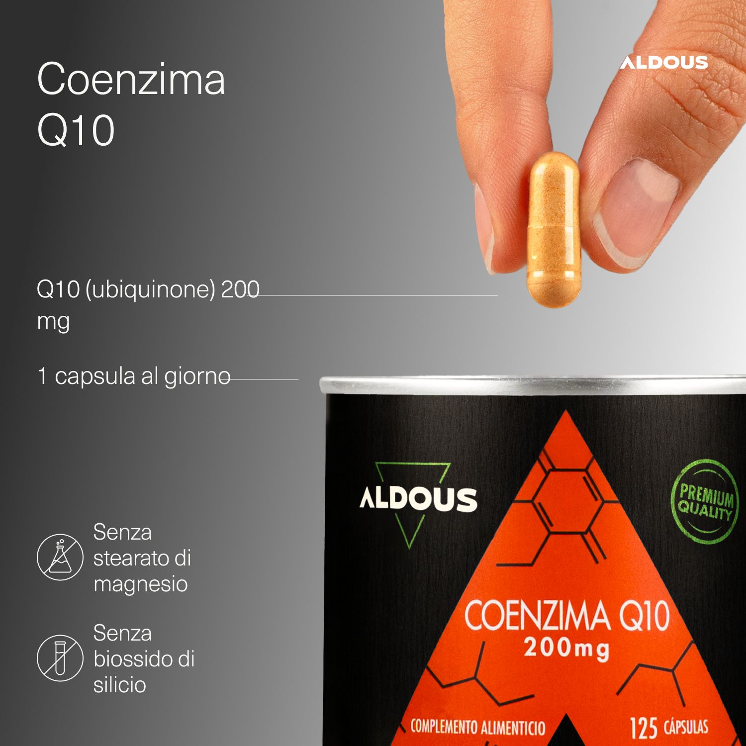 Hand hält eine einzelne Aldous Coenzima Q10 Kapsel (200mg). Dose im Hintergrund. Hinweise zu Magnesium- und Siliziumfreiheit.