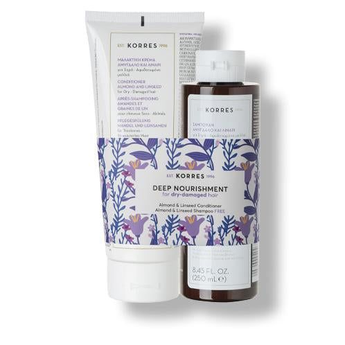 KORRES Haarpflege-Set. Enthält Conditioner und Shampoo. Weiße und braune Flaschen mit floralem Muster. Text: Deep Nourishment.