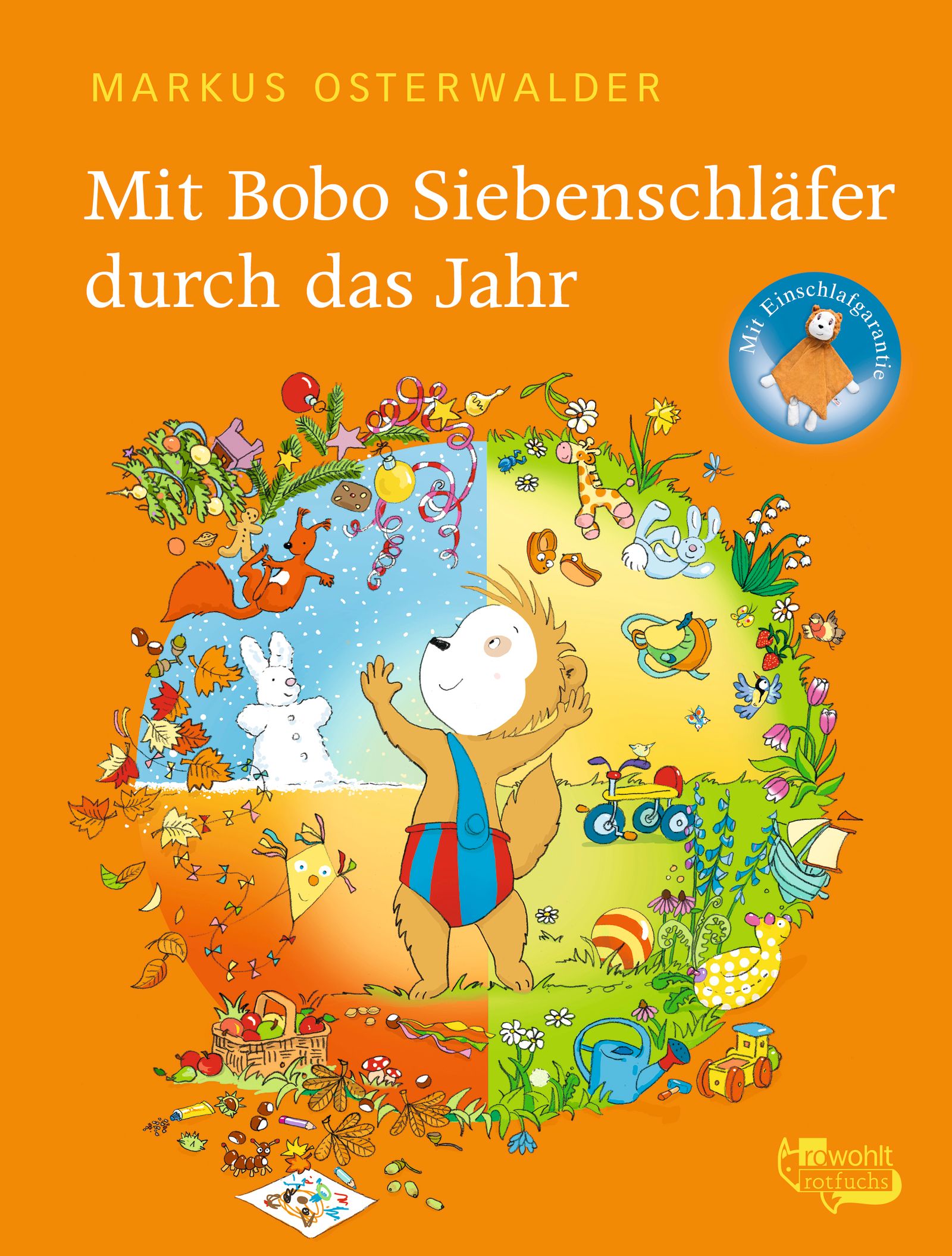 Buchcover: Titel "Mit Bobo Siebenschläfer durch das Jahr". Illustration von Bobo, umgeben von saisonalen Elementen. Verlag: Ravensburger.