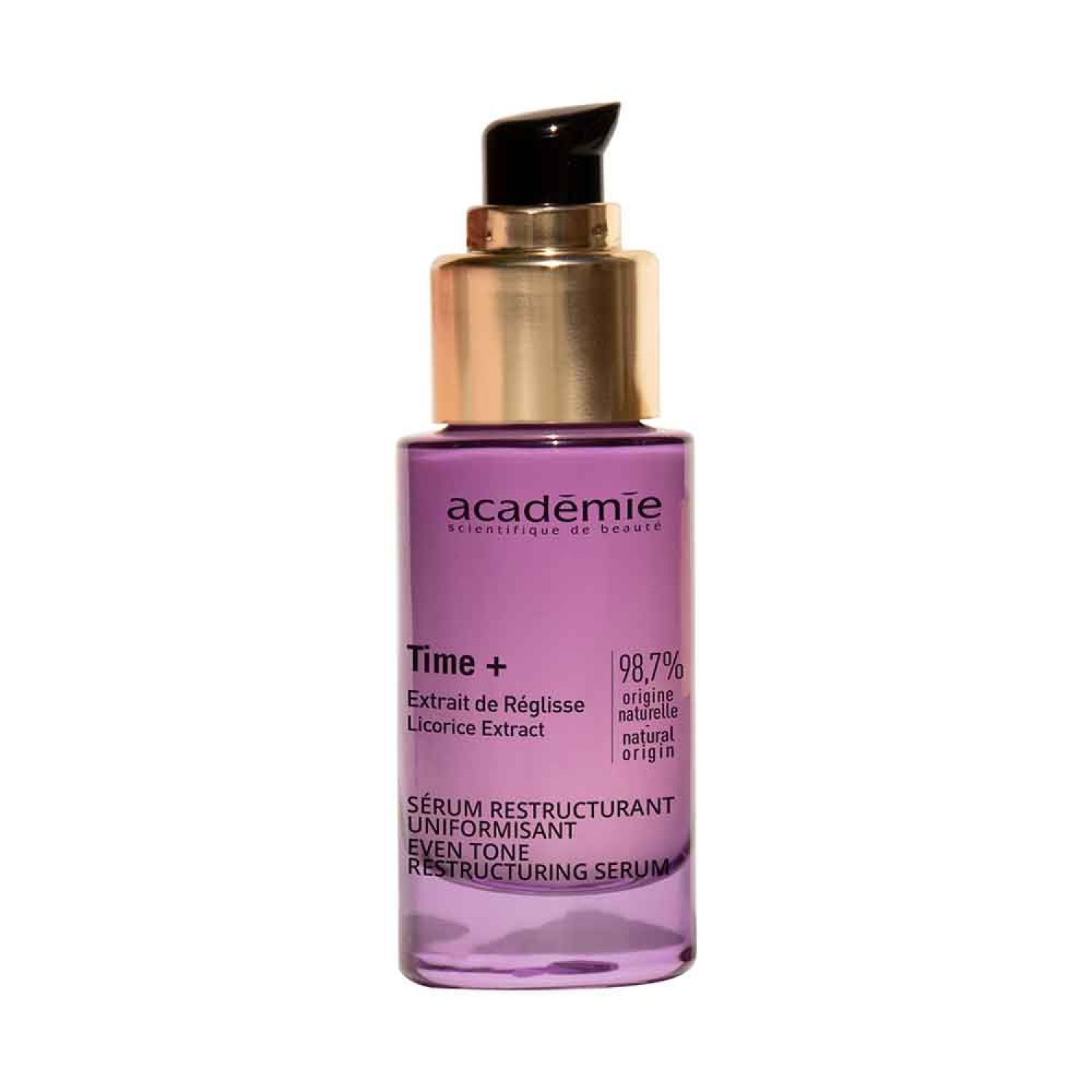 Lila Serumflasche mit goldfarbenem Verschluss. Beschriftung: Académie, Time+, Serum Restructurant Uniformisant, 98,7% natürlichen Ursprungs.
