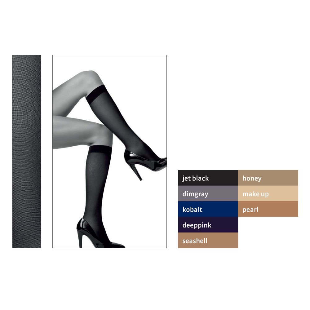 Kniestrümpfe am Bein, Farbauswahl. Schwarz, dunkelgrau, kobalt, deep pink, seashell, honey, make up, pearl.