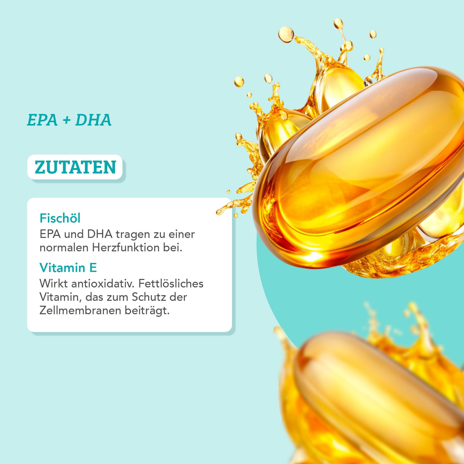 Nahaufnahme von zwei gelben Omega-3-Kapseln. Text: EPA + DHA, Zutaten, Fischöl, Vitamin E. Hintergrund: gelber Spritzer auf blauem Grund.