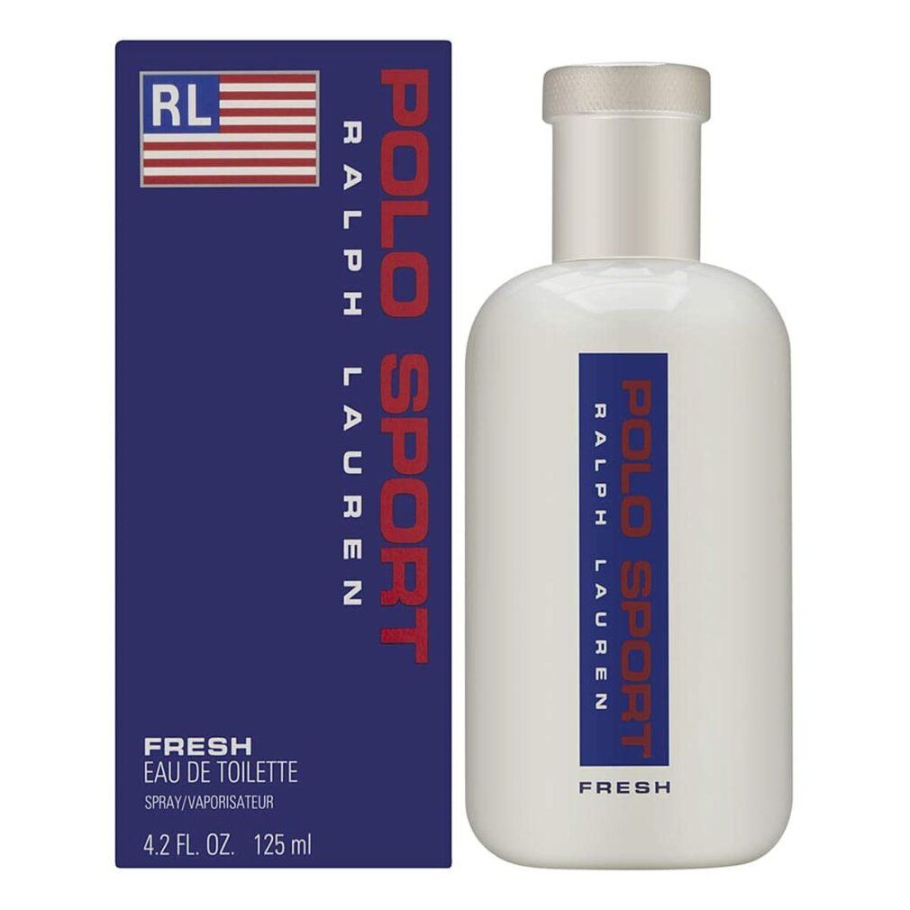Weiße Flasche mit silbernem Verschluss und blauer Verpackung. Aufschrift: Polo Sport Fresh. Amerikanische Flagge.