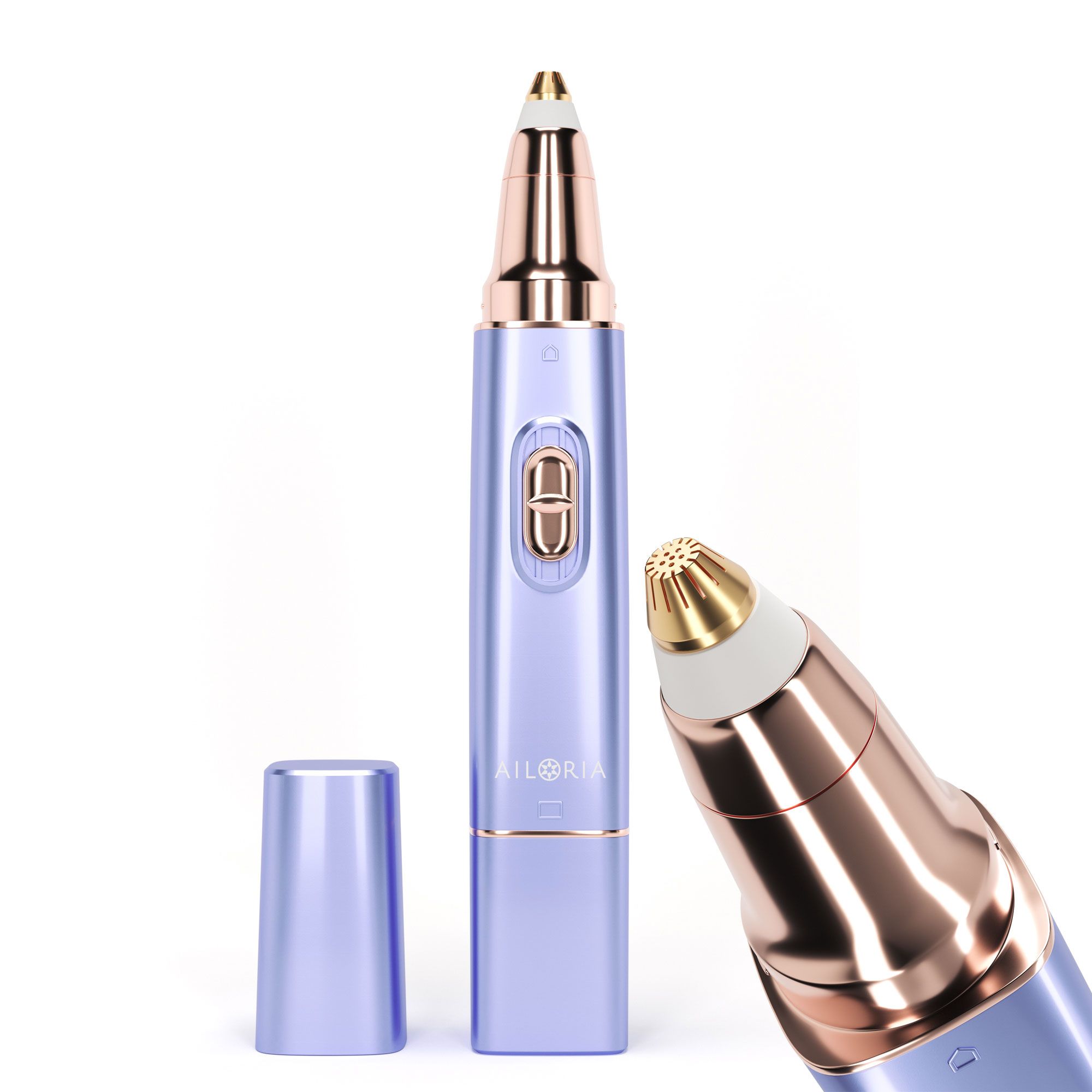 AILORIA LIBERTY 2in1 Lipstick Rasierer. Lila-goldfarben. Mit abgenommenem Deckel. Zwei Aufsätze: Trimmer und Rasierer.