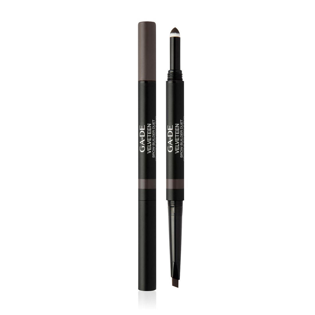 Stift mit zwei Enden. Aufschrift: GA-DE Velveteen Brow Builder Duet. Dunkelbraune und hellbraune Stifte.