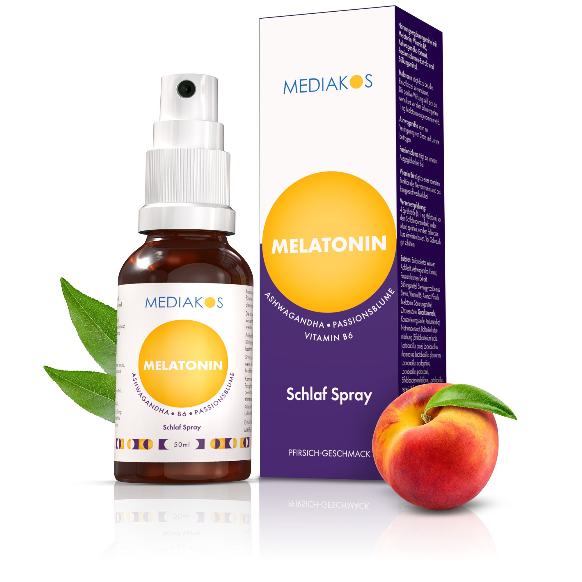 Braune Sprühflasche und Schachtel. Aufschrift: Mediakos, Melatonin, Ashwagandha, Passionsblume, Vitamin B6. Schlaf Spray. Pfirsich.