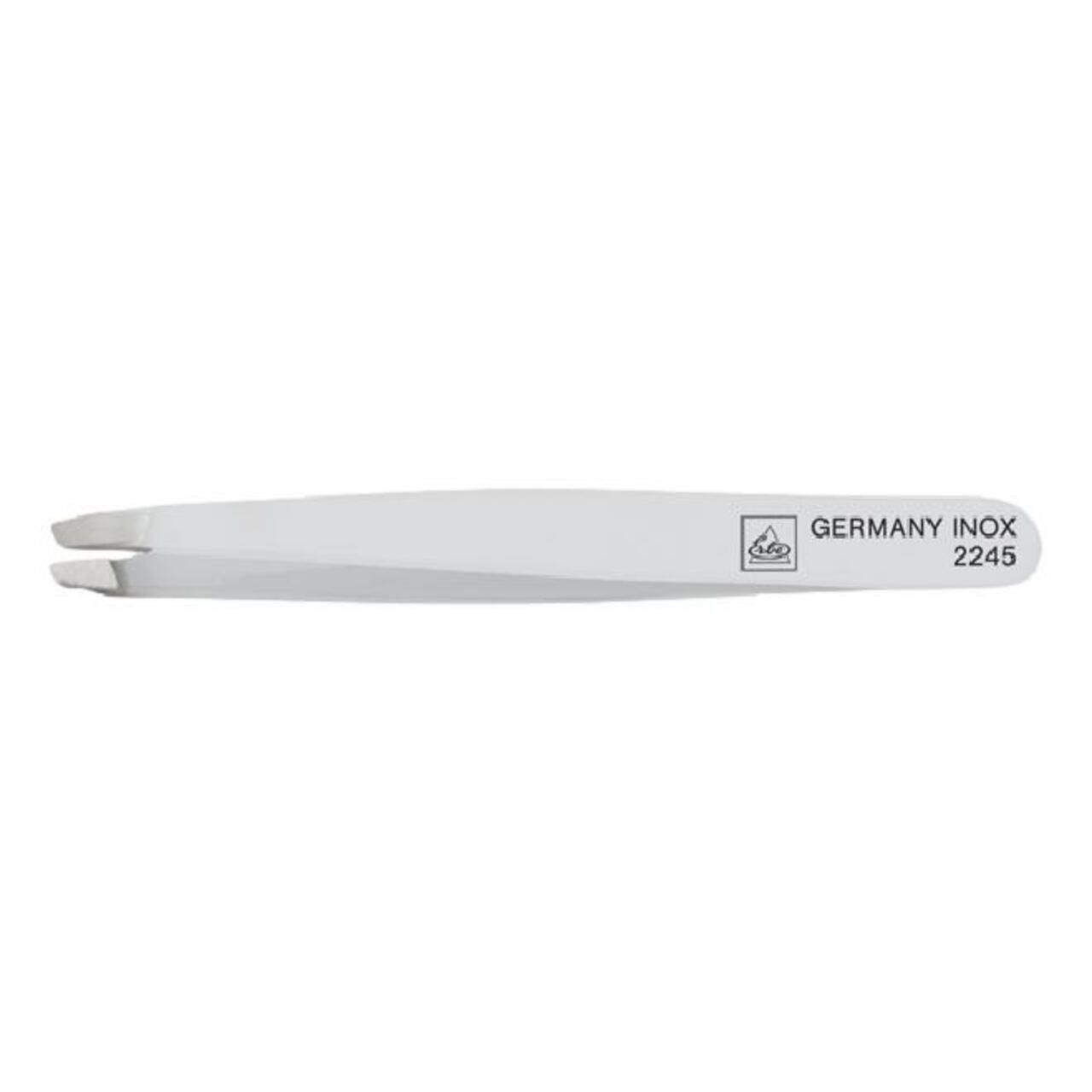 Pinzette, schräg, rostfrei. Mit Logo und "GERMANY INOX 2245" Beschriftung.