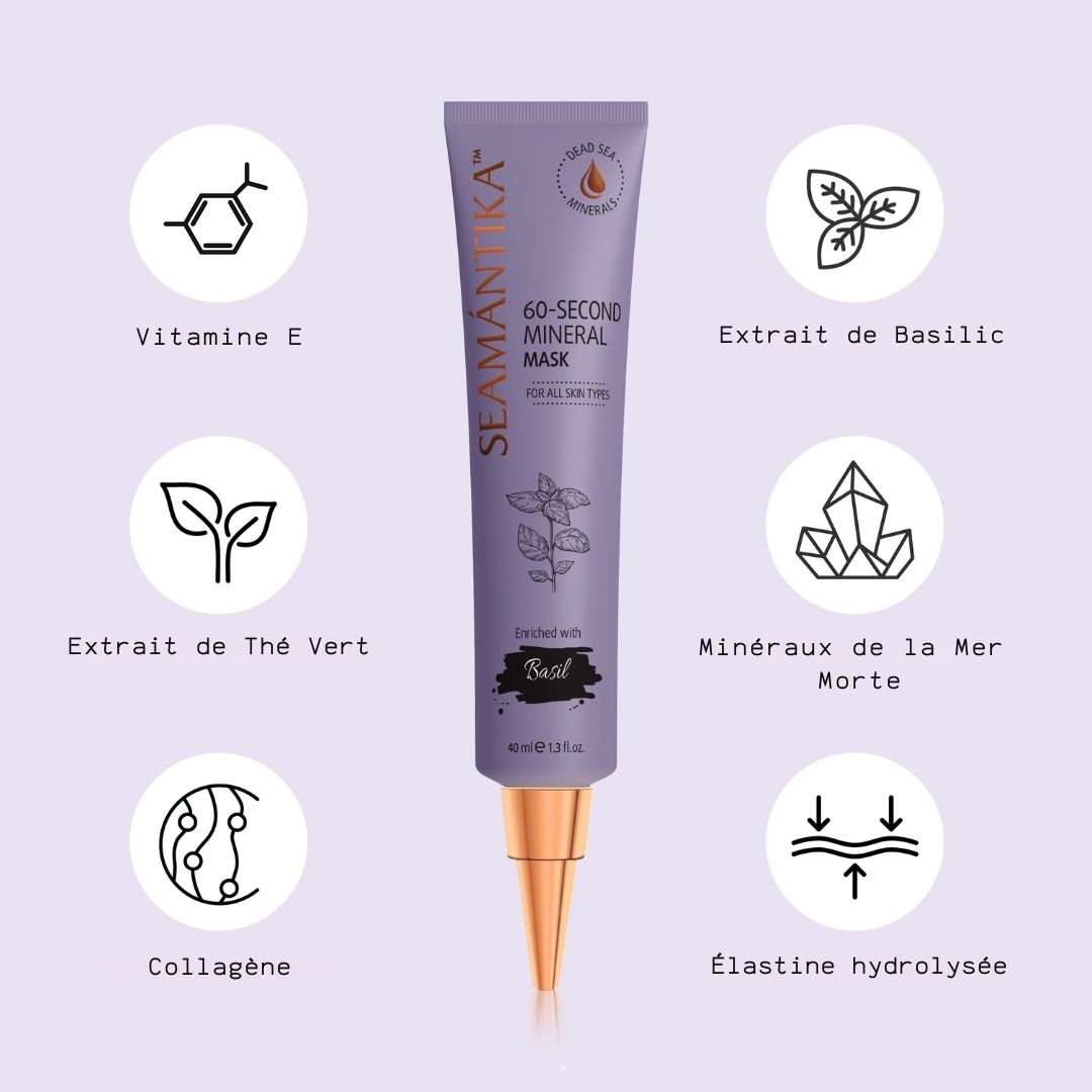 Tube de masque minéral violet. Texte : SEAMANTIKA, 60-Second Mineral Mask, Basilic. Ingrédients.