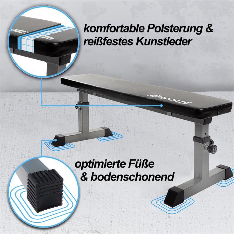 Flachbank mit schwarzer Polsterung und grauem Stahlgestell. Detailansicht: komfortable Polsterung und reißfestes Kunstleder. Optimierte Füße.