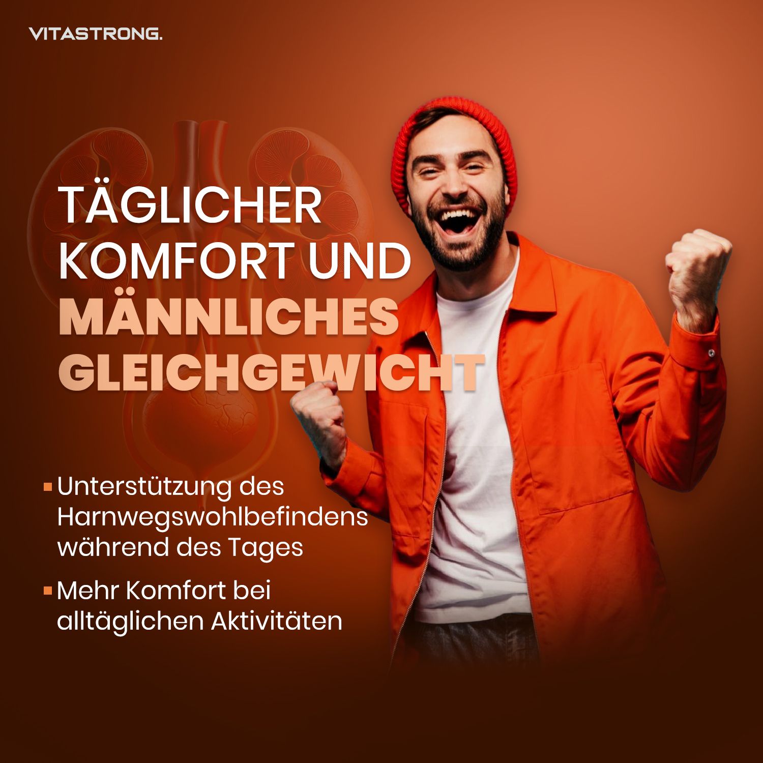 Vitastrong Prosta Pro. Mann jubelt. Text: Täglicher Komfort und männliches Gleichgewicht. Unterstützung des Harnwegs.