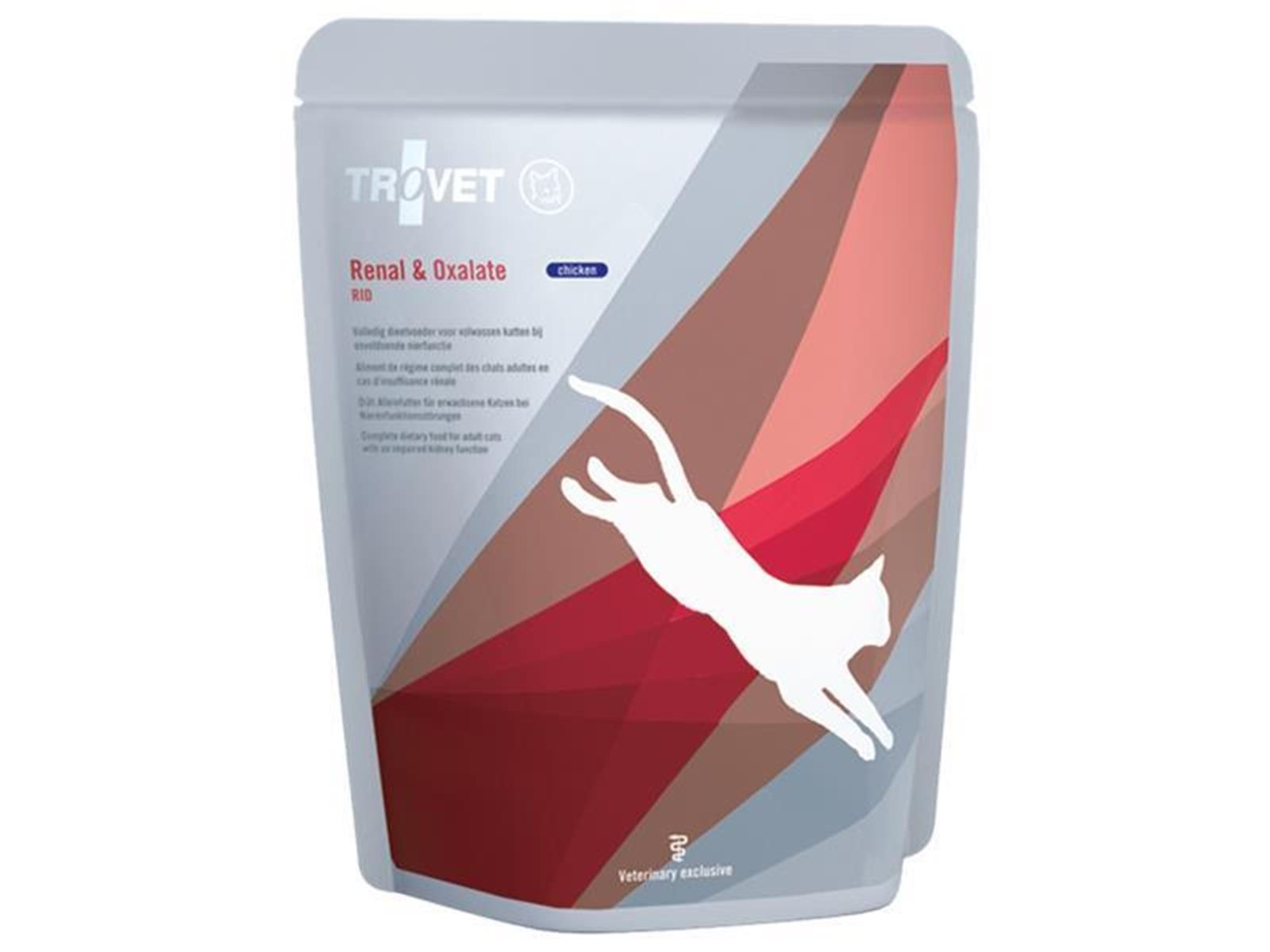 Beutel mit Produktaufdruck. Text: Trovet, Renal & Oxalate, Katze. Abbildung einer springenden Katze. Hintergrund in Rot- und Brauntönen.
